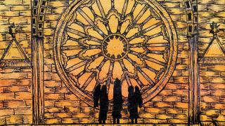 Maalaus hahmoista ikkunan edessä