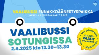 Mainos, jossa vaalibussi pysähtyy Sotungin lukiossa.