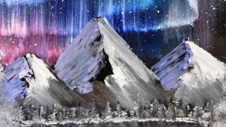 Maalaus vuorista ja revontulista