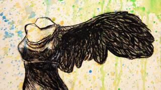 Maalaus päättömästä yksisiipisestä enkelistä