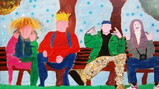 Taideteos, jossa nuoria istumassa penkillä